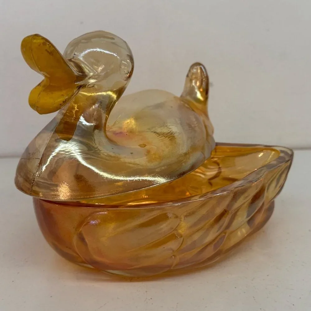 Jeanette Duck Powder Dish Iridescent Amber Glass Trinket Mamma Quack 1940's